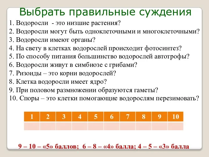 1. Водоросли - это низшие растения? 2. Водоросли могут быть одноклеточными и