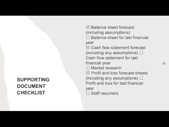 SUPPORTING DOCUMENT CHECKLIST ☒ Balance sheet forecast (including assumptions) ☐ Balance sheet