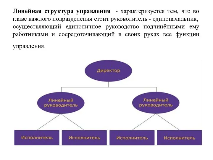 Линейная структура управления - характеризуется тем, что во главе каждого подразделения стоит