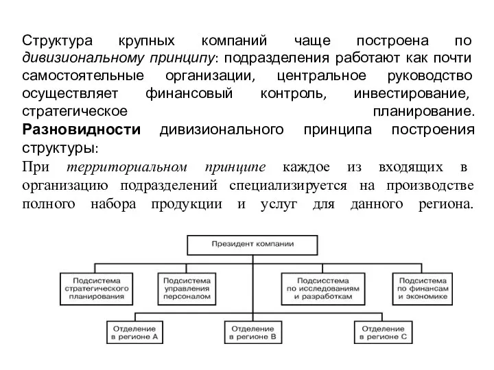 Структура крупных компаний чаще построена по дивизиональному принципу: подразделения работают как почти