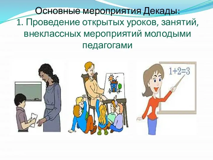 Основные мероприятия Декады: 1. Проведение открытых уроков, занятий, внеклассных мероприятий молодыми педагогами