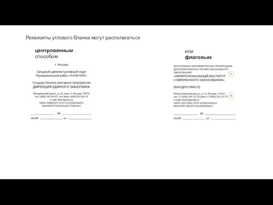 Реквизиты углового бланка могут располагаться или флаговым центрованным способом