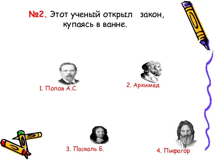 №2. Этот ученый открыл закон, купаясь в ванне. 1. Попов А.С. 3.