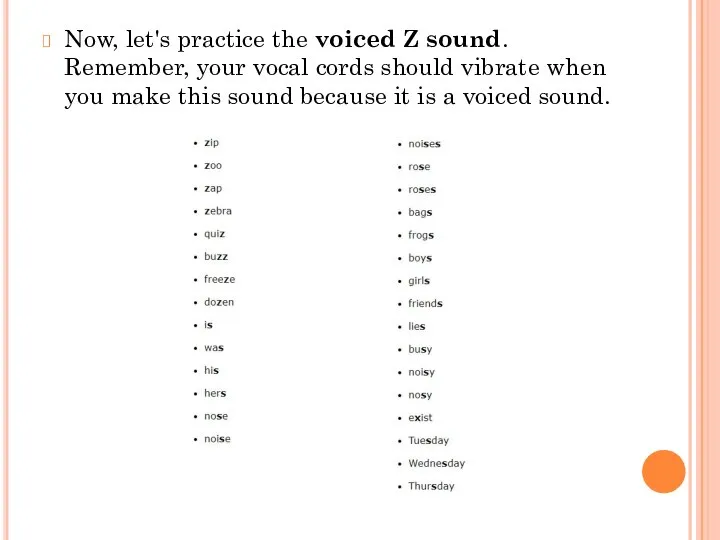 Now, let's practice the voiced Z sound. Remember, your vocal cords should