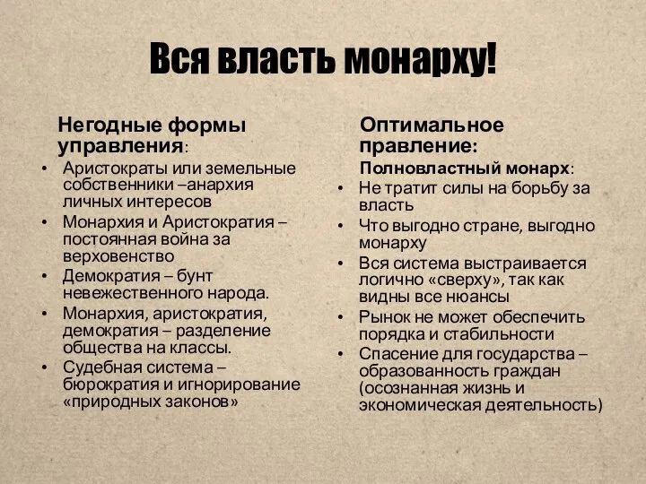 Вся власть монарху! Негодные формы управления: Аристократы или земельные собственники –анархия личных