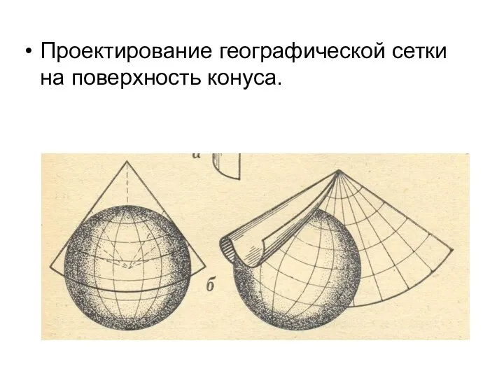 Проектирование географической сетки на поверхность конуса.