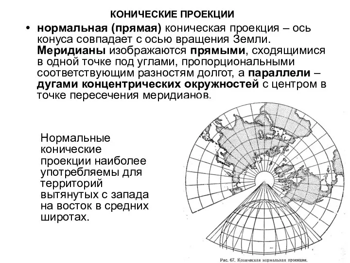 КОНИЧЕСКИЕ ПРОЕКЦИИ нормальная (прямая) коническая проекция – ось конуса совпадает с осью