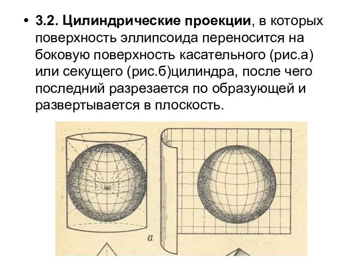 3.2. Цилиндрические проекции, в которых поверхность эллипсоида переносится на боковую поверхность касательного