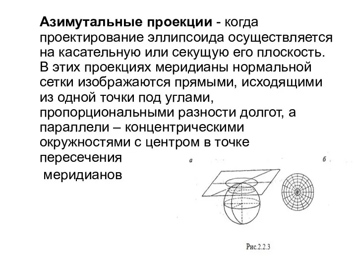 Азимутальные проекции - когда проектирование эллипсоида осуществляется на касательную или секущую его