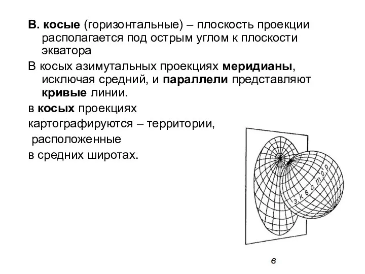 В. косые (горизонтальные) – плоскость проекции располагается под острым углом к плоскости