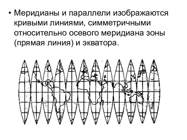 Меридианы и параллели изображаются кривыми линиями, симметричными относительно осевого меридиана зоны (прямая линия) и экватора.