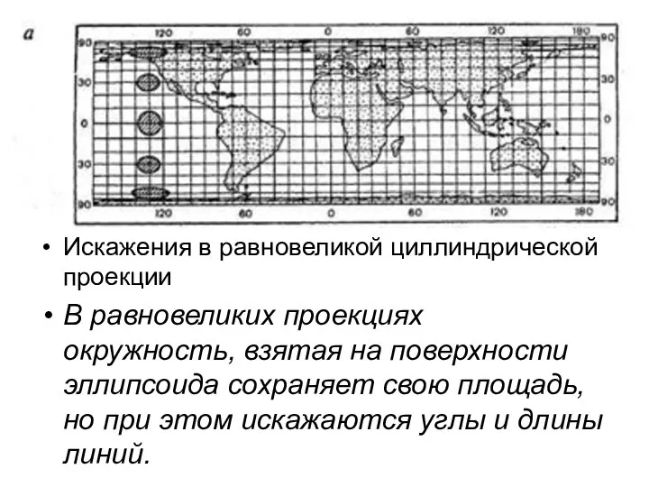 Искажения в равновеликой циллиндрической проекции В равновеликих проекциях окружность, взятая на поверхности