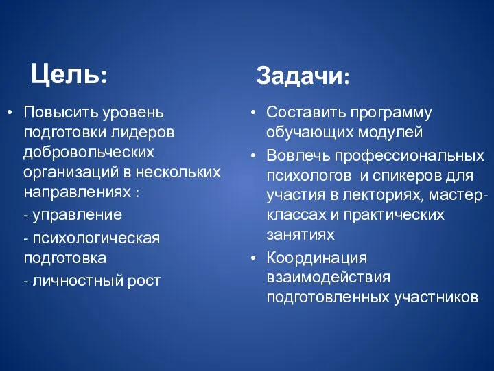 Цель: Повысить уровень подготовки лидеров добровольческих организаций в нескольких направлениях : -