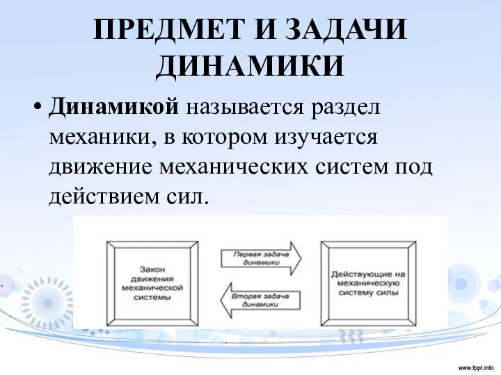 ПРЕДМЕТ И ЗАДАЧИ ДИНАМИКИ Динамикой называется раздел механики, в котором изучается движение