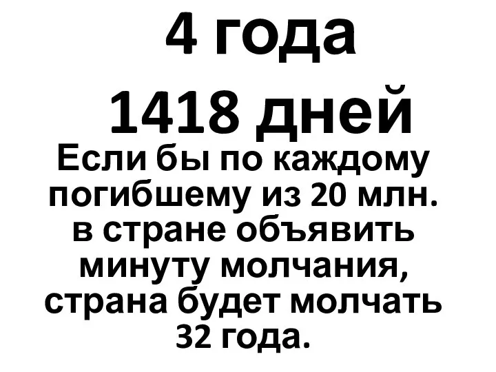 4 года 1418 дней Если бы по каждому погибшему из 20 млн.