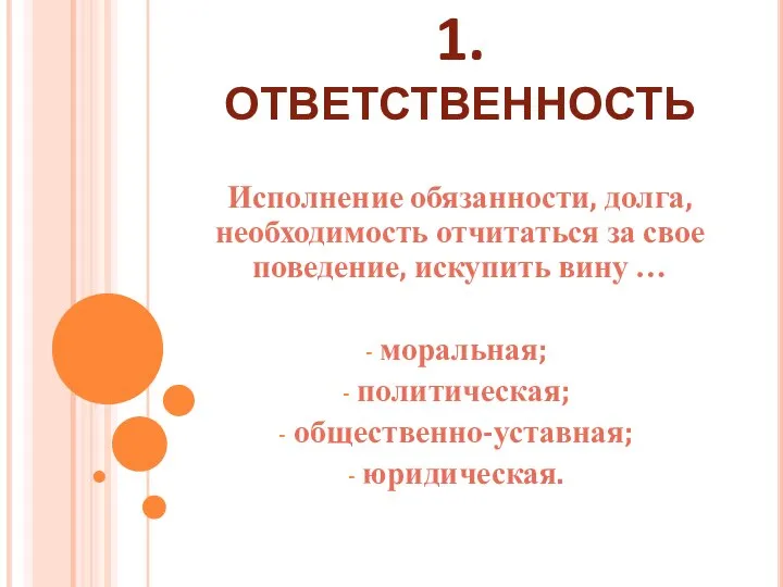 1. ответственность Исполнение обязанности, долга, необходимость отчитаться за свое поведение, искупить вину