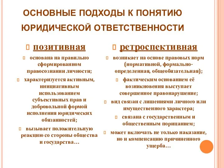 основные подходы к понятию юридической ответственности позитивная основана на правильно сформированном правосознании