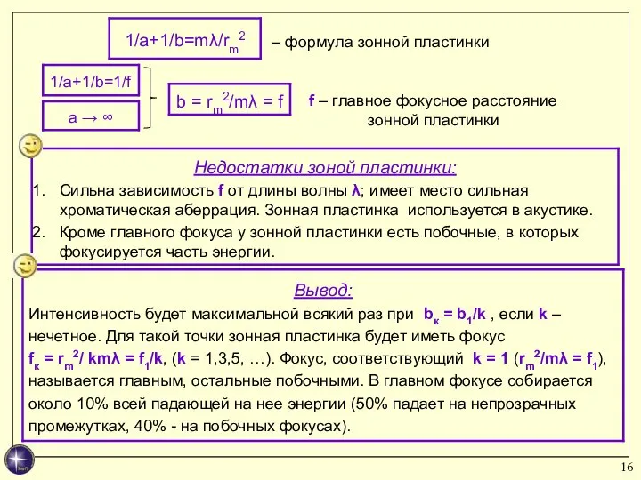 – формула зонной пластинки f – главное фокусное расстояние зонной пластинки