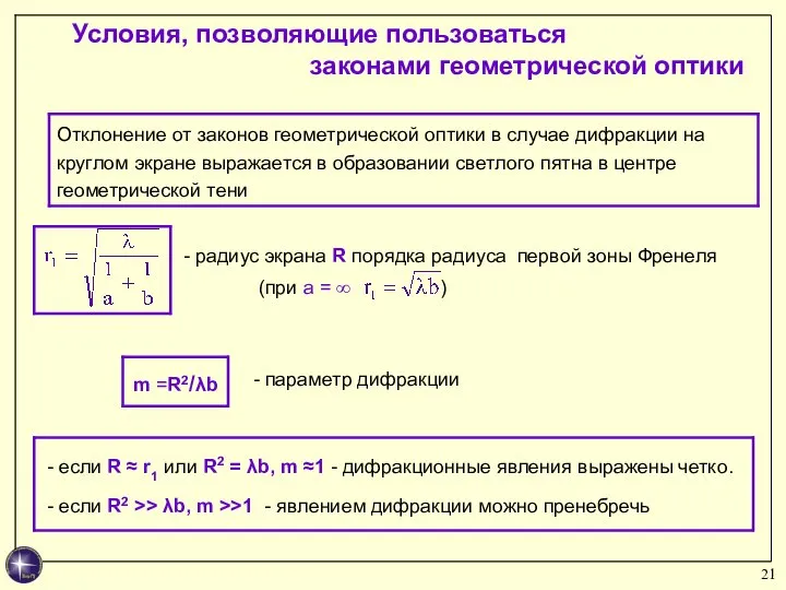 Условия, позволяющие пользоваться законами геометрической оптики - радиус экрана R порядка радиуса