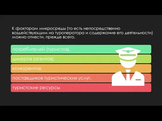 К факторам микросреды (то есть непосредственно воздействующим на туроператора и содержание его