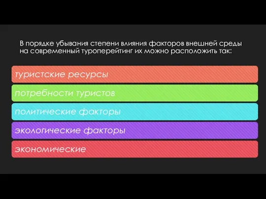 В порядке убывания степени влияния факторов внешней среды на современный туроперейтинг их можно расположить так: