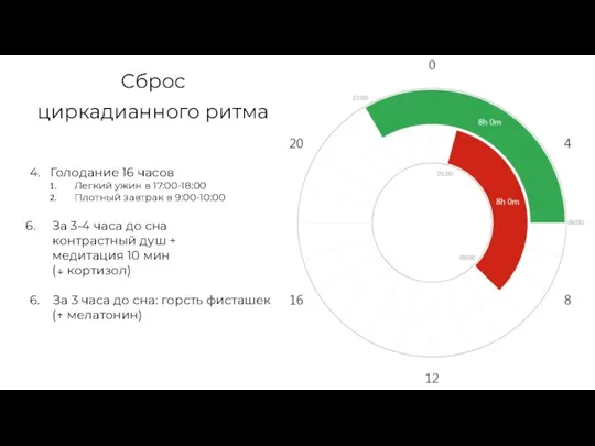 Сброс циркадианного ритма 4. Голодание 16 часов Легкий ужин в 17:00-18:00 Плотный