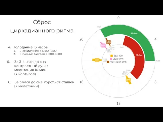 4. Голодание 16 часов Легкий ужин в 17:00-18:00 Плотный завтрак в 9:00-10:00