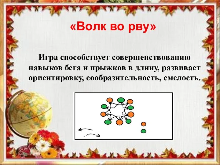 «Волк во рву» Игра способствует совершенствованию навыков бега и прыжков в длину, развивает ориентировку, сообразительность, смелость.