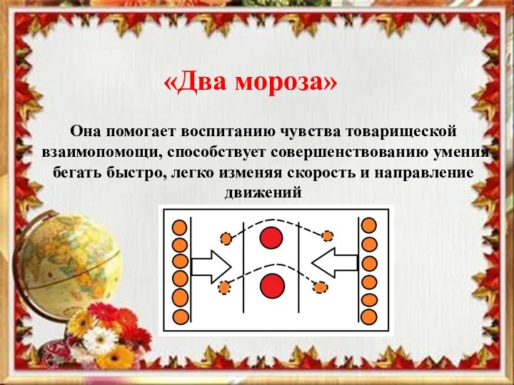 «Два мороза» Она помогает воспитанию чувства товарищеской взаимопомощи, способствует совершенствованию умения бегать