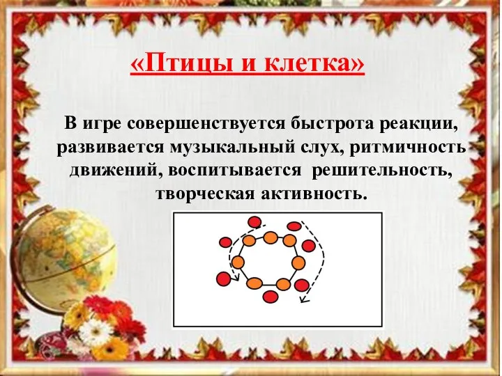 «Птицы и клетка» В игре совершенствуется быстрота реакции, развивается музыкальный слух, ритмичность