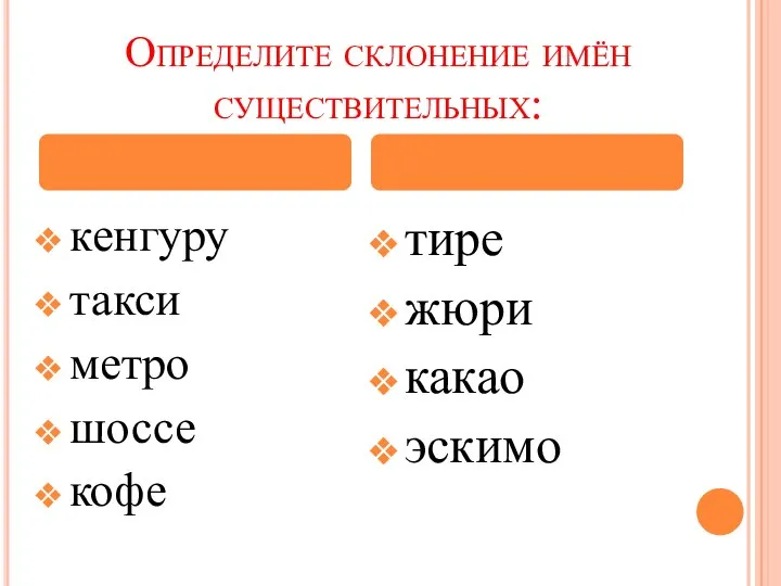 Определите склонение имён существительных: кенгуру такси метро шоссе кофе тире жюри какао эскимо