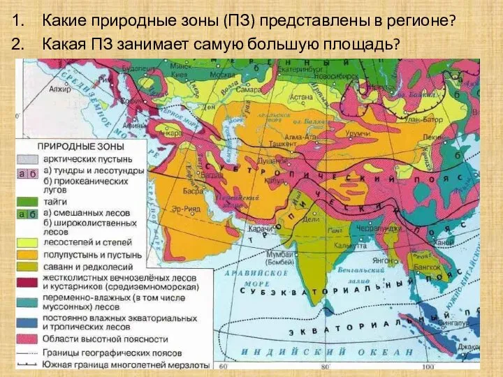 Какие природные зоны (ПЗ) представлены в регионе? Какая ПЗ занимает самую большую площадь?