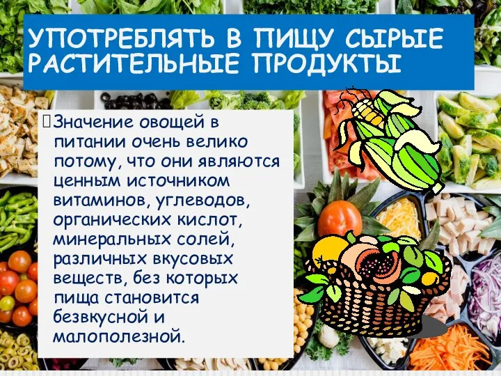 УПОТРЕБЛЯТЬ В ПИЩУ СЫРЫЕ РАСТИТЕЛЬНЫЕ ПРОДУКТЫ Значение овощей в питании очень велико