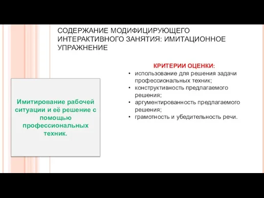 СОДЕРЖАНИЕ МОДИФИЦИРУЮЩЕГО ИНТЕРАКТИВНОГО ЗАНЯТИЯ: ИМИТАЦИОННОЕ УПРАЖНЕНИЕ КРИТЕРИИ ОЦЕНКИ: использование для решения задачи