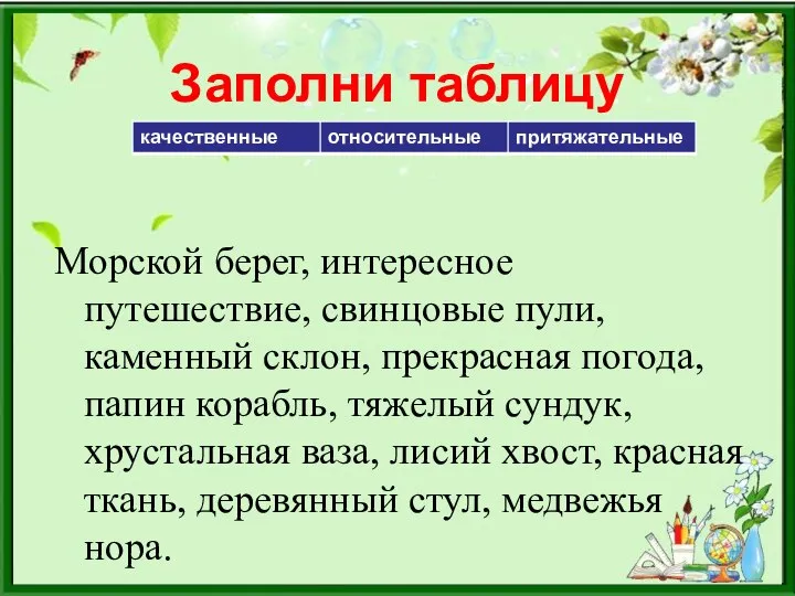 Заполни таблицу Морской берег, интересное путешествие, свинцовые пули, каменный склон, прекрасная погода,