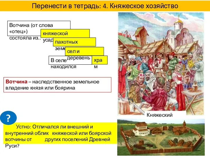 Перенести в тетрадь: 4. Княжеское хозяйство Княжеский двор Вотчина (от слова «отец»)