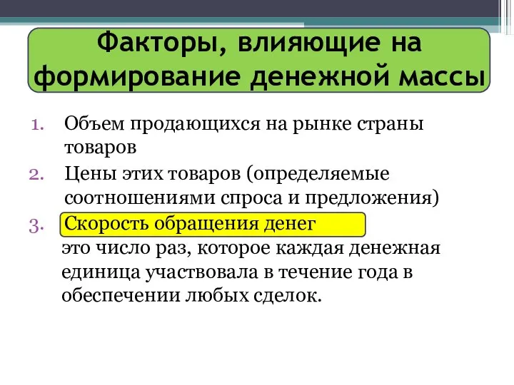 Факторы, влияющие на формирование денежной массы Объем продающихся на рынке страны товаров