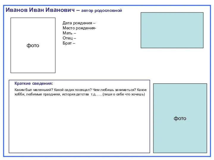 Иванов Иван Иванович – автор родословной фото Дата рождения – Место рождения-