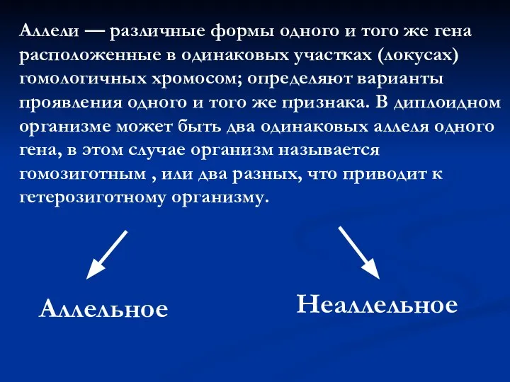 Аллели — различные формы одного и того же гена расположенные в одинаковых