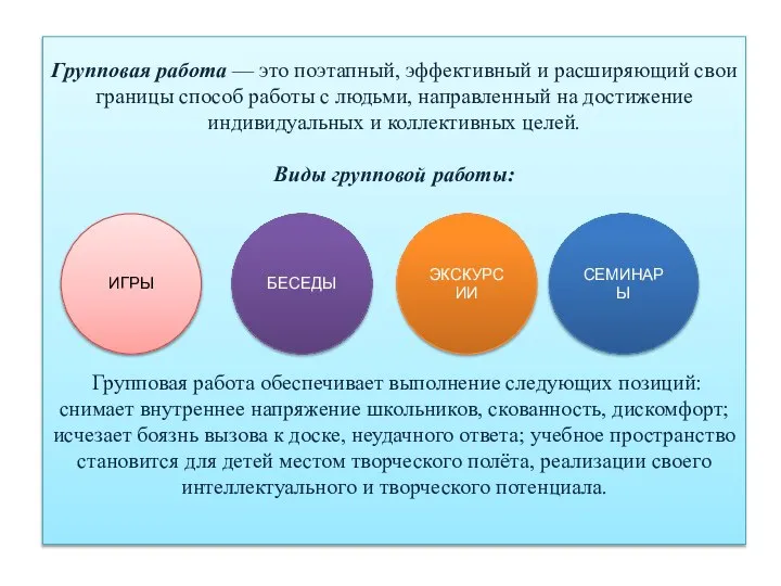 Групповая работа — это поэтапный, эффективный и расширяющий свои границы способ работы