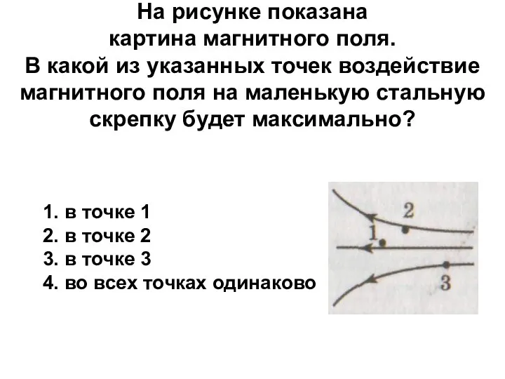 На рисунке показана картина магнитного поля. В какой из указанных точек воздействие