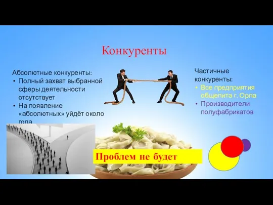 Конкуренты Абсолютные конкуренты: Полный захват выбранной сферы деятельности отсутствует На появление «абсолютных»