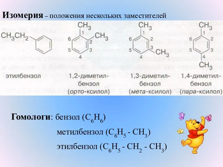 Изомерия – положения нескольких заместителей Гомологи: бензол (С6Н6) метилбензол (С6Н5 - СН3)