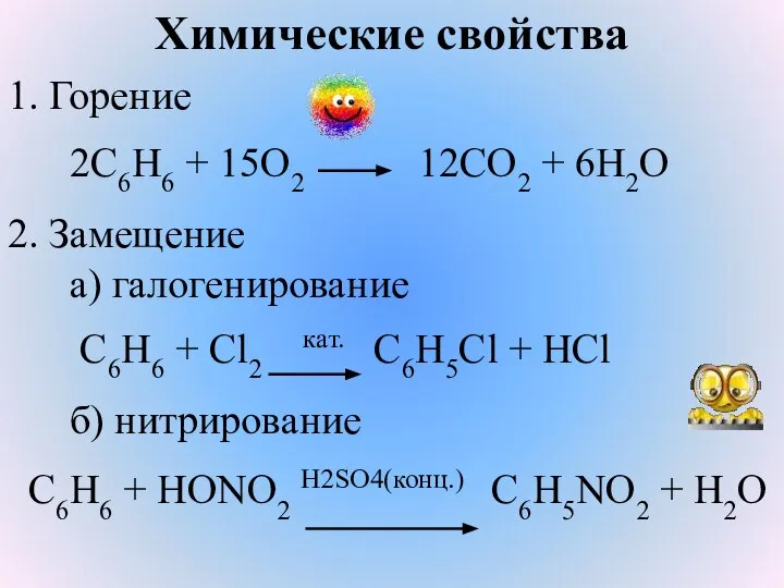 Химические свойства 1. Горение 2С6Н6 + 15О2 12СО2 + 6Н2О 2. Замещение