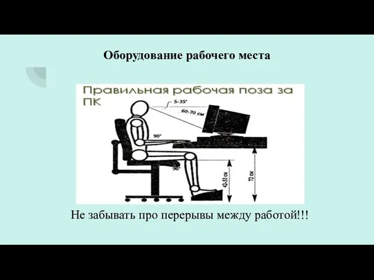 Оборудование рабочего места Не забывать про перерывы между работой!!!