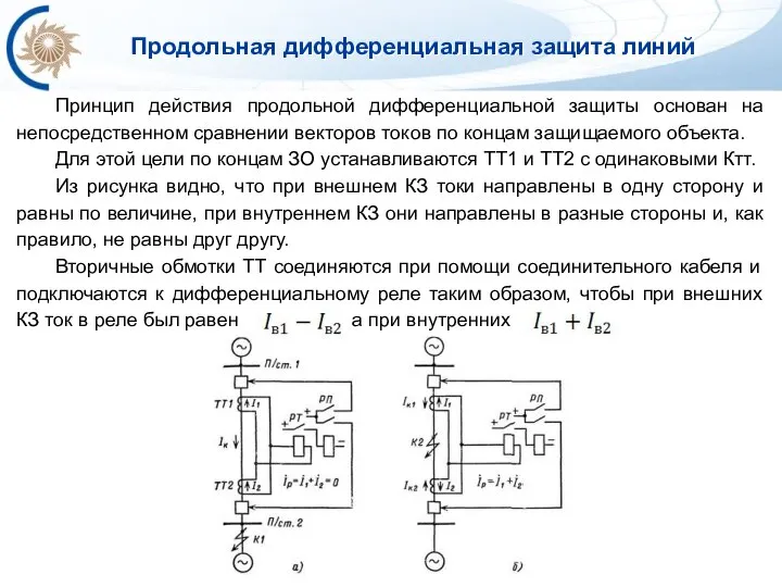 Принцип действия продольной дифференциальной защиты основан на непосредственном сравнении векторов токов по