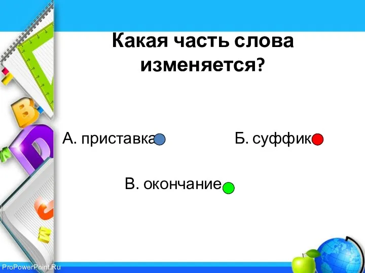 Какая часть слова изменяется? А. приставка Б. суффикс В. окончание