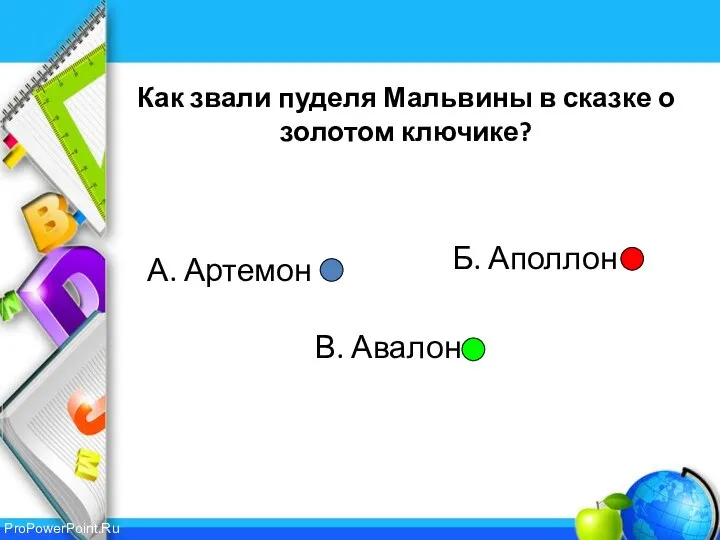 Как звали пуделя Мальвины в сказке о золотом ключике? Б. Аполлон В. Авалон А. Артемон