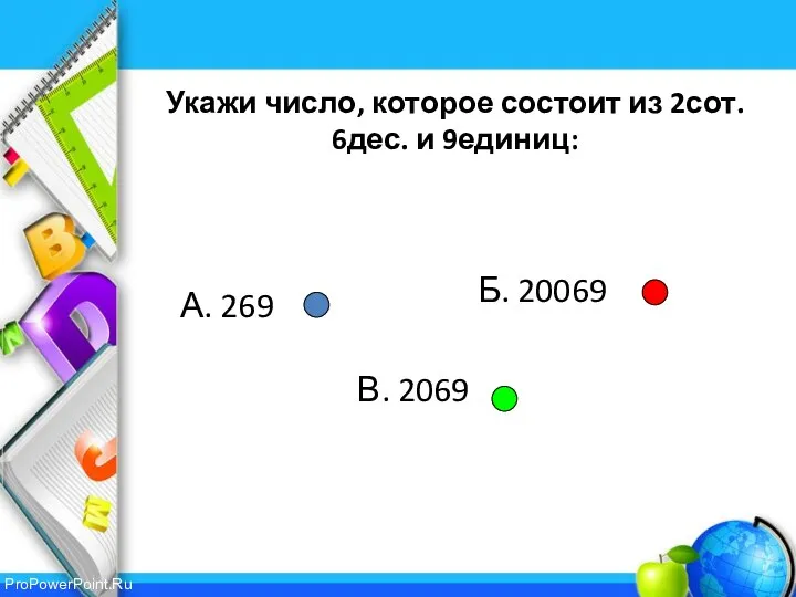 Укажи число, которое состоит из 2сот. 6дес. и 9единиц: Б. 20069 В. 2069 А. 269