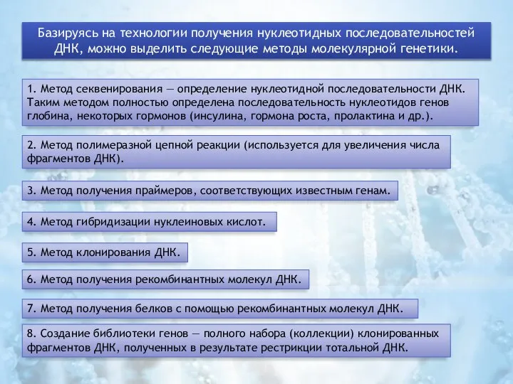 Базируясь на технологии получения нуклеотидных последовательностей ДНК, можно выделить следующие методы молекулярной